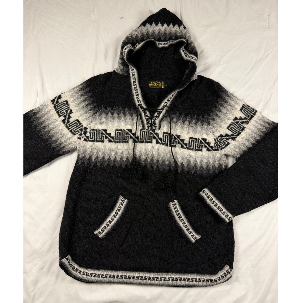 American South Side Alpaca Wool Hoodie Black Gray‎ Geometric Peru Womens L